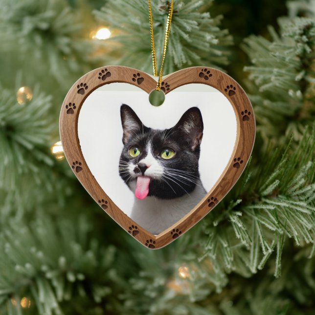 Custom Dated Name Photo Polished Wood Heart Ceramic Ornament (Tree)