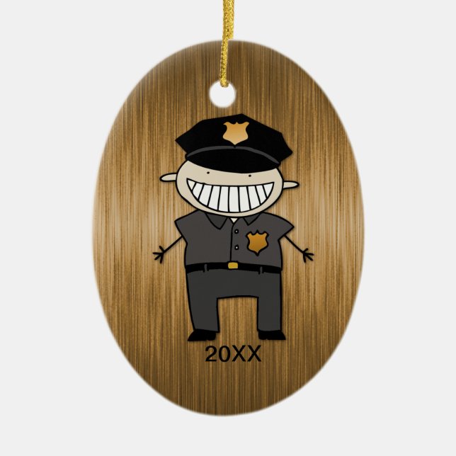 Custom Dated Police Officer Cartoon Ceramic Ornament (Front)