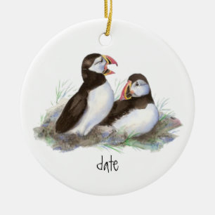 Custom Dated Puffins Bird Ceramic Tree Decoration