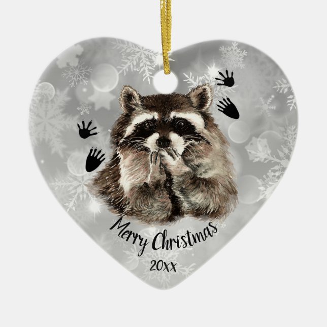 Custom Dated Racoon Blowing Kisses, Love Animals  Ceramic Ornament (Front)