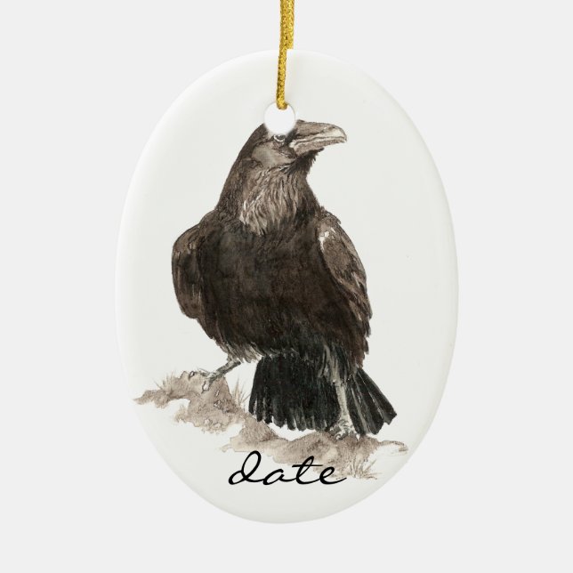 Custom Dated Raven, Bird Watercolor Animal Ceramic Ornament (Front)