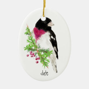 Custom Dated Rose Breasted Grosbeak, Bird Animal Ceramic Ornament