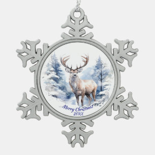 Custom Dated Stag Deer Winter Snow Forest Animal Snowflake Pewter Christmas Ornament