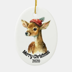 Custom Dated Vintage Christmas Deer Animal Art Ceramic Ornament
