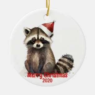 Custom Dated Vintage Christmas Watercolor Raccoon Ceramic Ornament