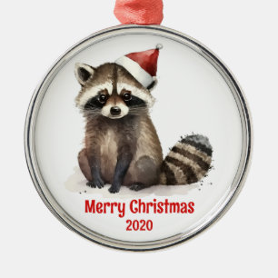 Custom Dated Vintage Christmas Watercolor Racoon Metal Ornament