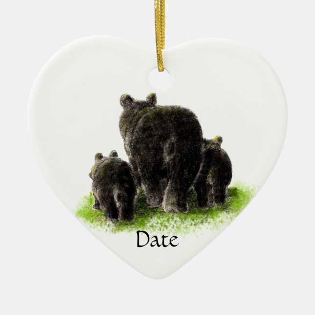 Custom Dated Watercolor Black Bear Family Ceramic Ornament (Front)