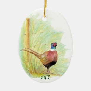 Custom Dated Watercolor Pheasant, Bird Animal Ceramic Tree Decoration