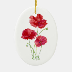 Custom Dated, Watercolor Red Poppy Flower Ceramic Tree Decoration