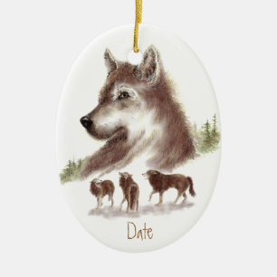 Custom Dated, Watercolor Wolves & Wolf Pack Ceramic Tree Decoration