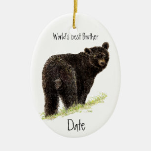 Custom Dated World's Best Brother Black Bear Ceramic Tree Decoration