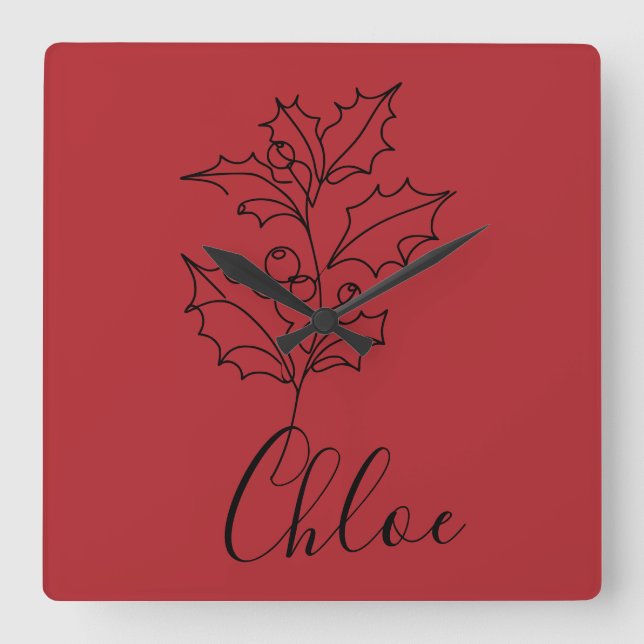 Custom December Holly Birth Flower Gift  Square Wall Clock (Front)