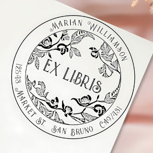 Custom Deco Ex Libris Bookplate with Floral Circle Rubber Stamp