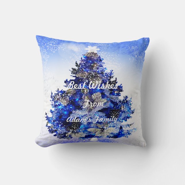 Custom decorated blue Christmas tree Cushion (Front)
