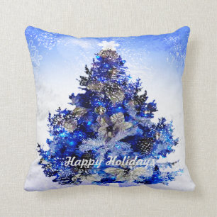 Custom decorated blue Christmas tree Cushion