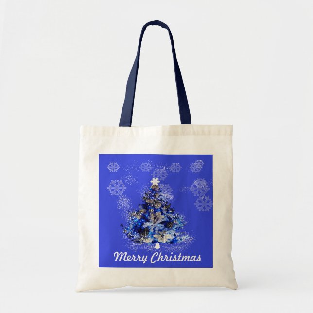 Custom decorated blue christmas tree tote bag (Front)