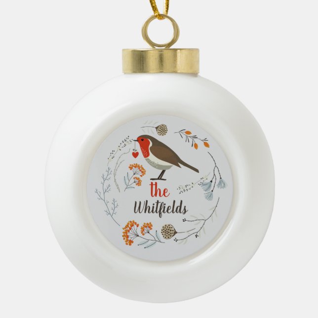 Custom Decorative Robin Botanical Christmas Ceramic Ball Christmas Ornament (Front)