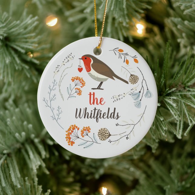 Custom Decorative Robin Botanical Christmas Ceramic Ornament (Tree)