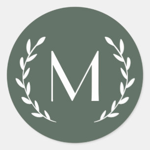 Custom Deep Green Laurel Monogram Letter Initial Classic Round Sticker