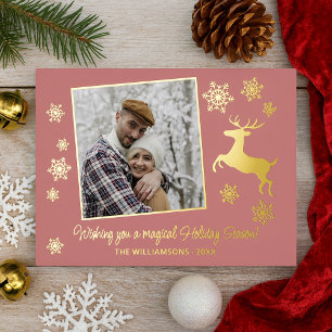 Custom Deer & Snowflakes On Coral Red Gold Foil Holiday Card