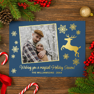 Custom Deer & Snowflakes On Dark Blue Gold Foil Holiday Card