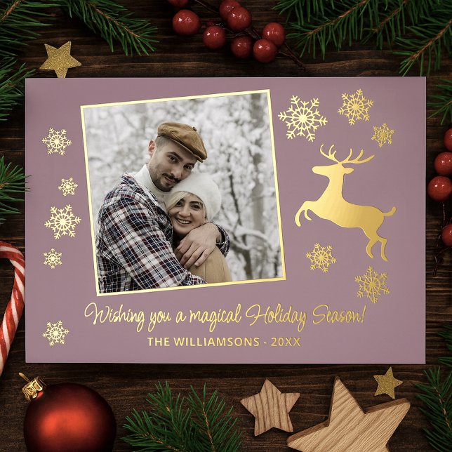 Custom Deer & Snowflakes On Mauve Pink Gold Foil Holiday Card (Creator Uploaded)