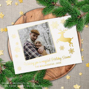 Custom Deer & Snowflakes On White Gold Foil Holiday Card