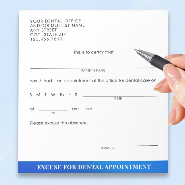 Custom Dental Appointment Excuse Blue Notepad (Creator Uploaded)