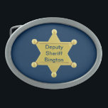 Custom Deputy Sheriff Belt Buckle<br><div class="desc">This Belt Buckle is decorated with a gold sheriff 's six pointed star badge and can be customised with a name.</div>