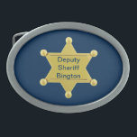 Custom Deputy Sheriff Belt Buckle<br><div class="desc">This Belt Buckle is decorated with a gold sheriff 's six pointed star badge and can be customised with a name.</div>