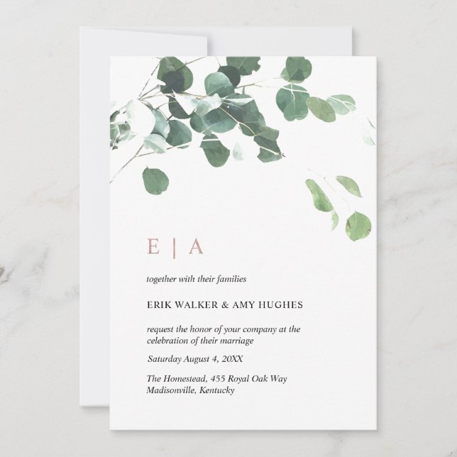 Custom Design #1 - Eucalyptus Leaves & Rose Gold Invitation (Front)