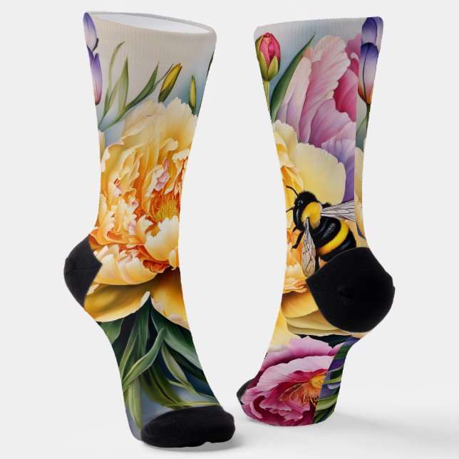 Custom Designed Socks of Flowers and Bees (Angled)