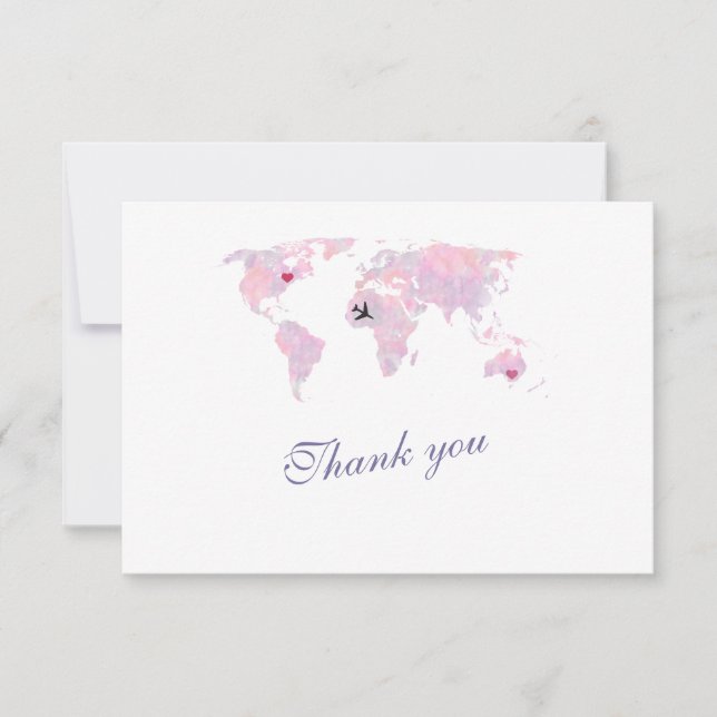 Custom Destination World Map Wedding Thank You Card (Front)
