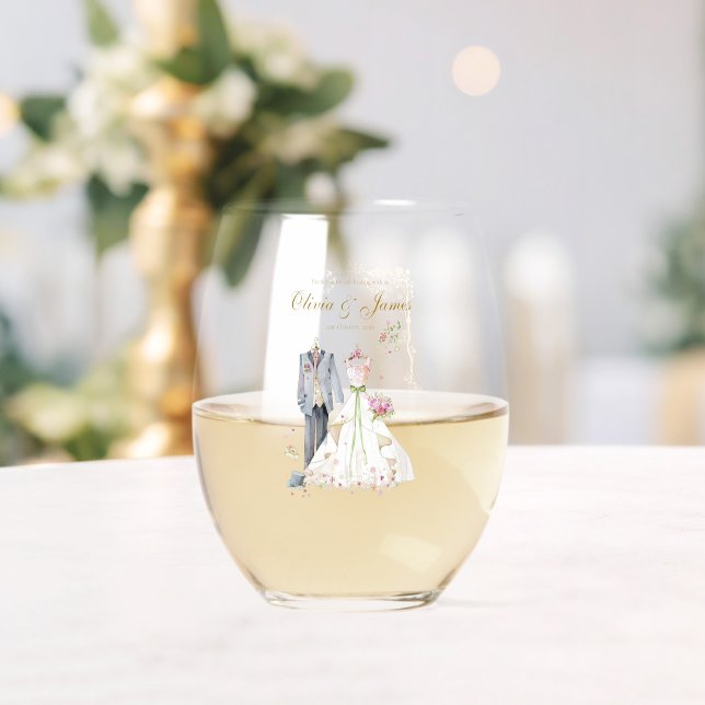 Custom details Bride & Groom  Stemless Wine Glass (Insitu (Wedding))