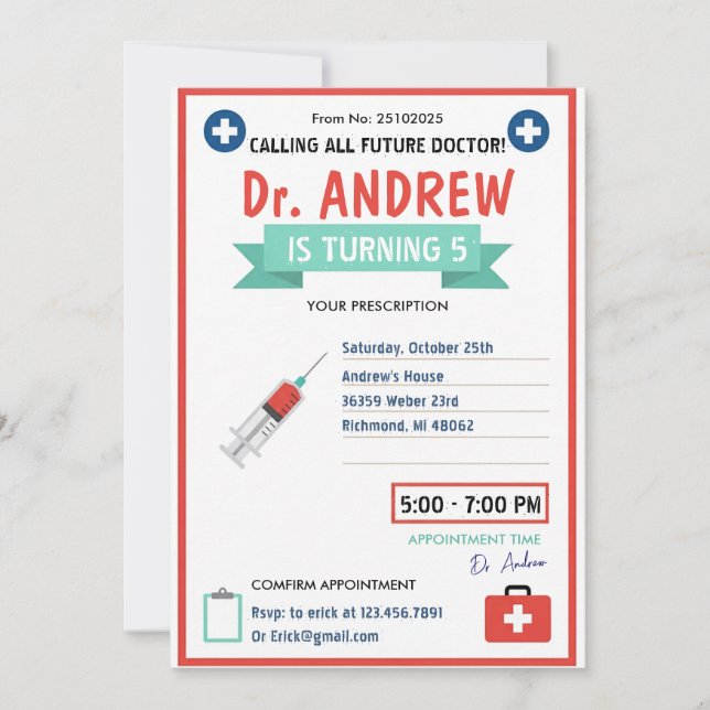 Custom Digital Kids Doctor Pretend Birthday Party Invitation (Front)