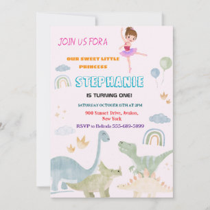 custom dino ballerina ballets birthday party invitation