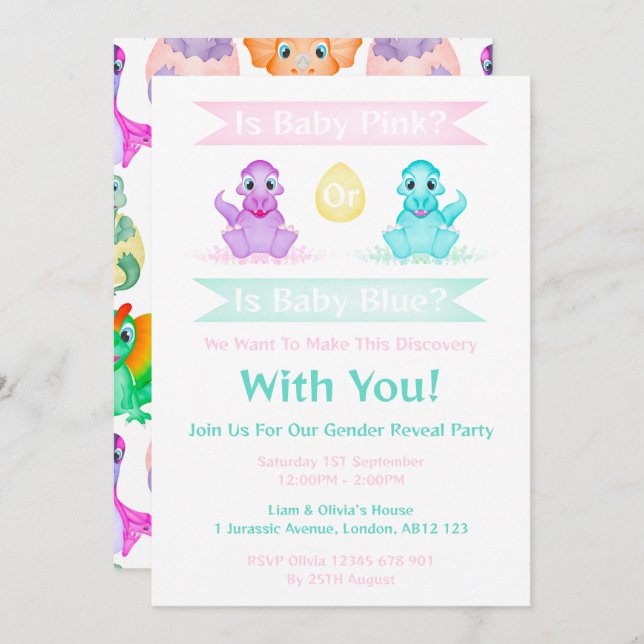 Custom Dino Watercolour Dinosaur Gender Reveal Invitation (Front/Back)