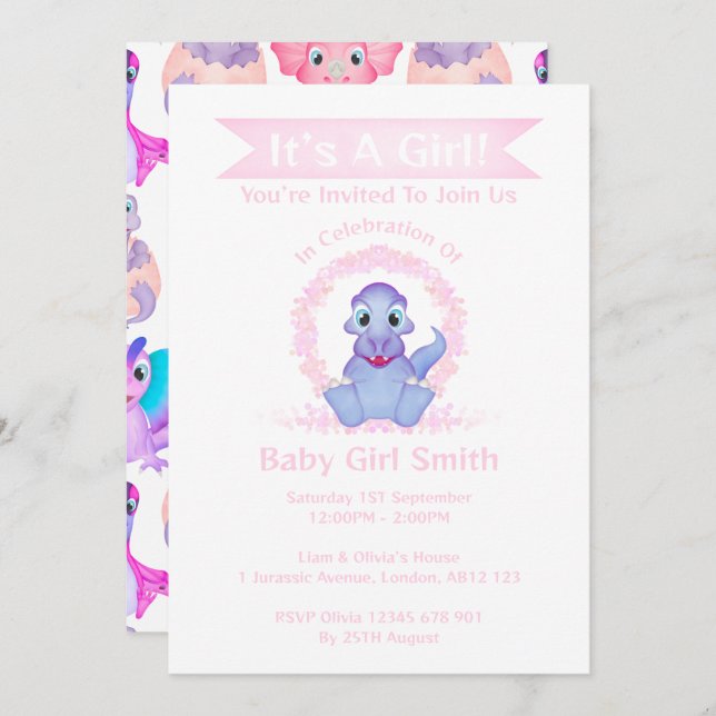 Custom Dino Watercolour Dinosaur Girl Baby Shower Invitation (Front/Back)