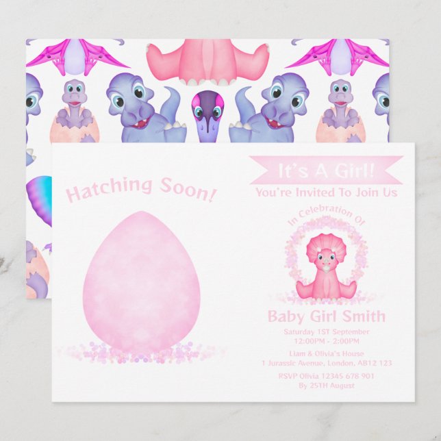 Custom Dino Watercolour Dinosaur Girl Baby Shower Invitation (Front/Back)