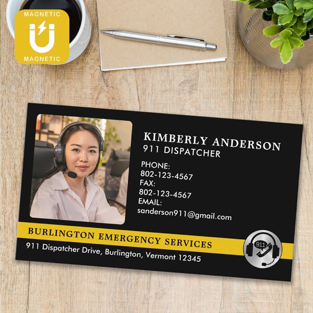 Custom Dispatcher Photo Emergency Services Logo Magnetic Business Card (Creator Uploaded)