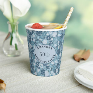 Custom Ditsy Floral Pattern Grey Blue Paper Cups