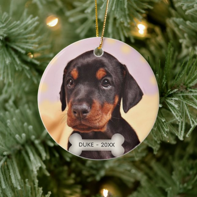 Custom Doberman Puppy Dog Photo Ceramic Ornament (Tree)