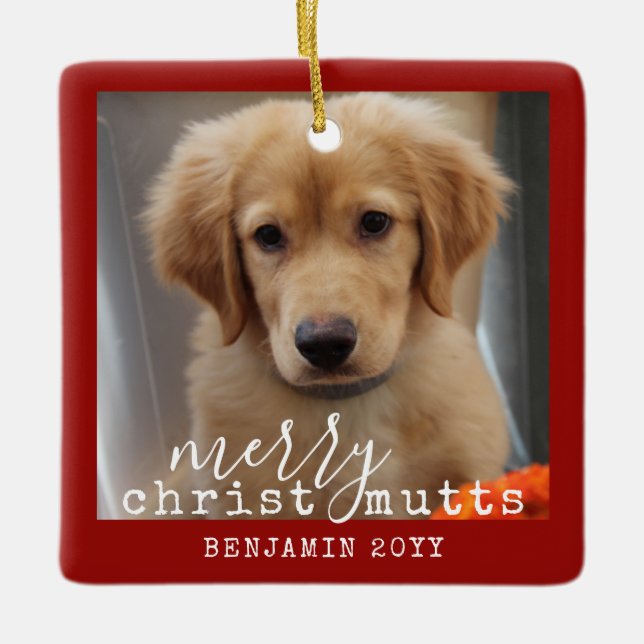 Custom Dog 2 Photo ChristMUTTS Personalised Ceramic Ornament (Front)