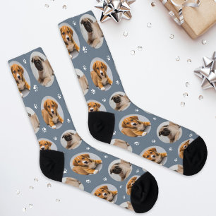 Custom Dog 2 Photo Slate Paw Print Socks