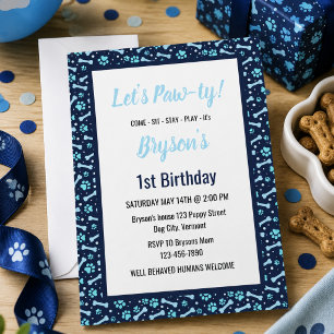 Custom Dog Birthday Blue Paw Print Puppy Pet Invitation