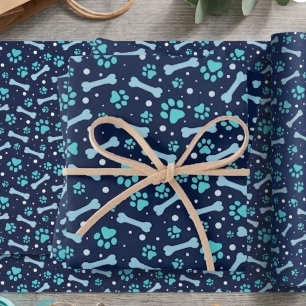 Custom Dog Birthday Blue Paw Print Puppy Pet Wrapping Paper Sheet