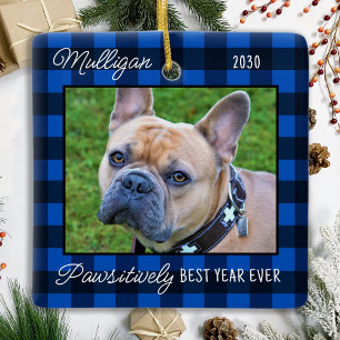 Custom Dog Blue Plaid Christmas 2 Pet Photo Ceramic Ornament