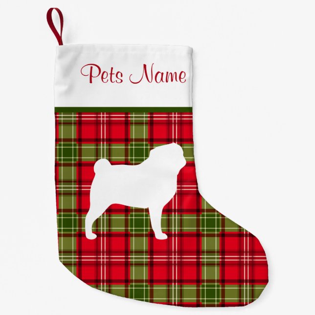 Custom Dog Breed Red & Green Plaid Small Christmas Stocking (Front)