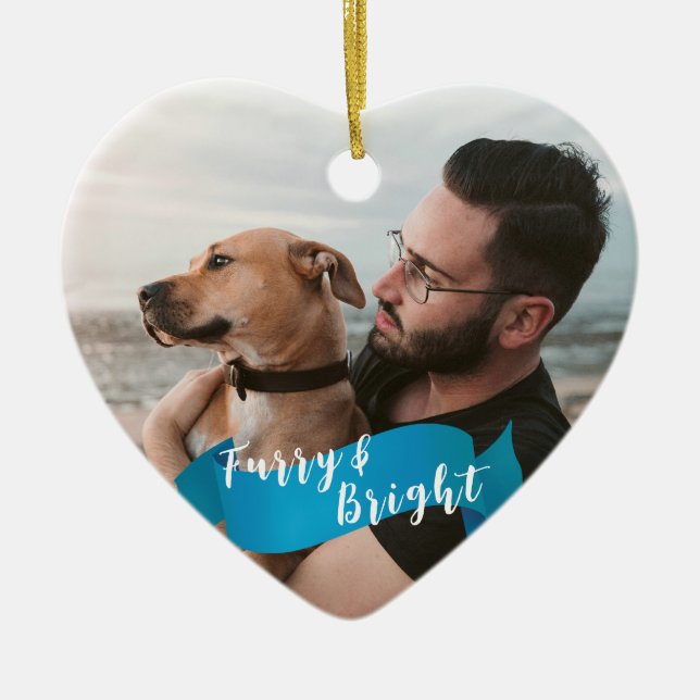 Custom Dog Cat Photo Happy Pawlidays Blue Ceramic Ornament (Front)