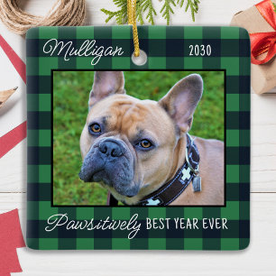Custom Dog Christmas Green Plaid 2 Pet Photo Ceramic Ornament